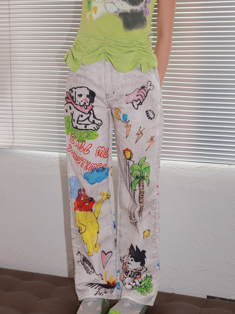 Cartoon Doodle Print Straight Leg Jeans