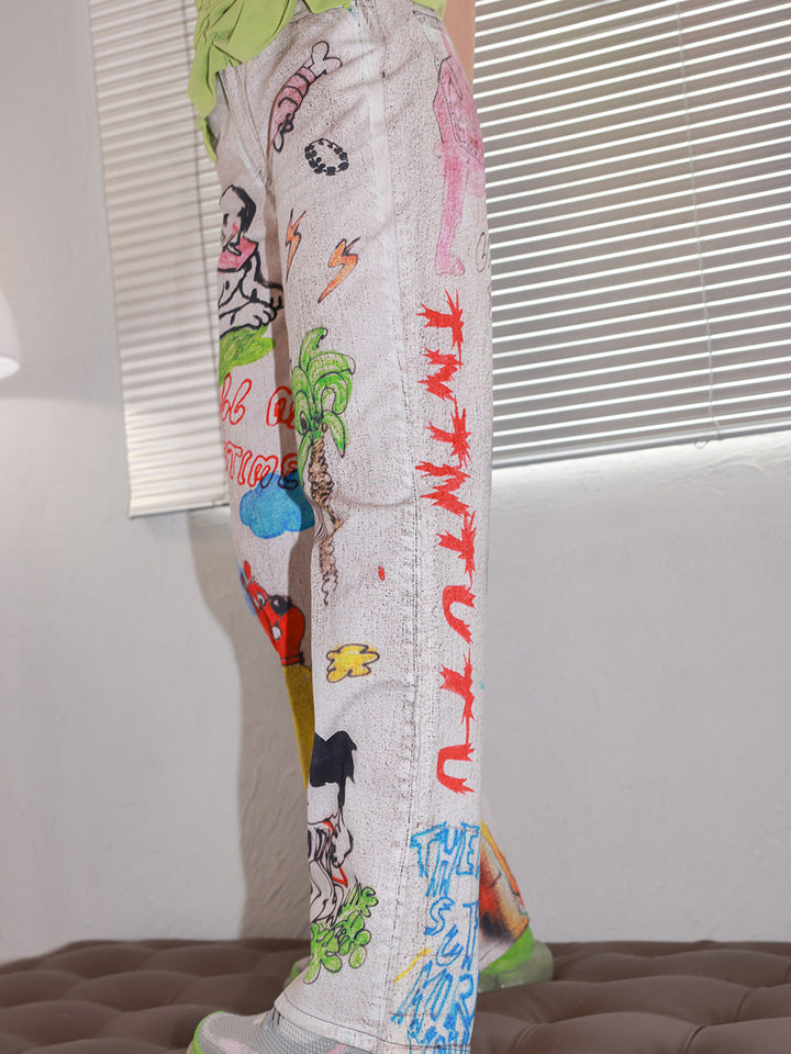 Cartoon Doodle Print Straight Leg Jeans