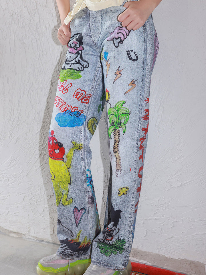 Cartoon Doodle Print Straight Leg Jeans