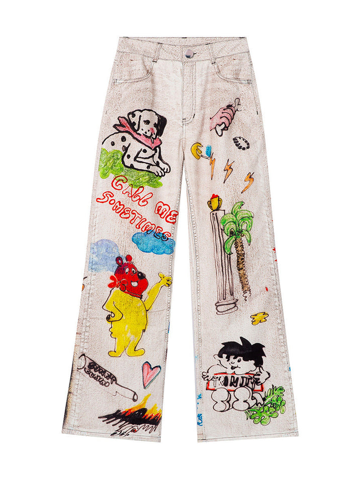 Cartoon Doodle Print Straight Leg Jeans