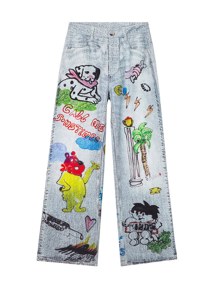 Cartoon Doodle Print Straight Leg Jeans