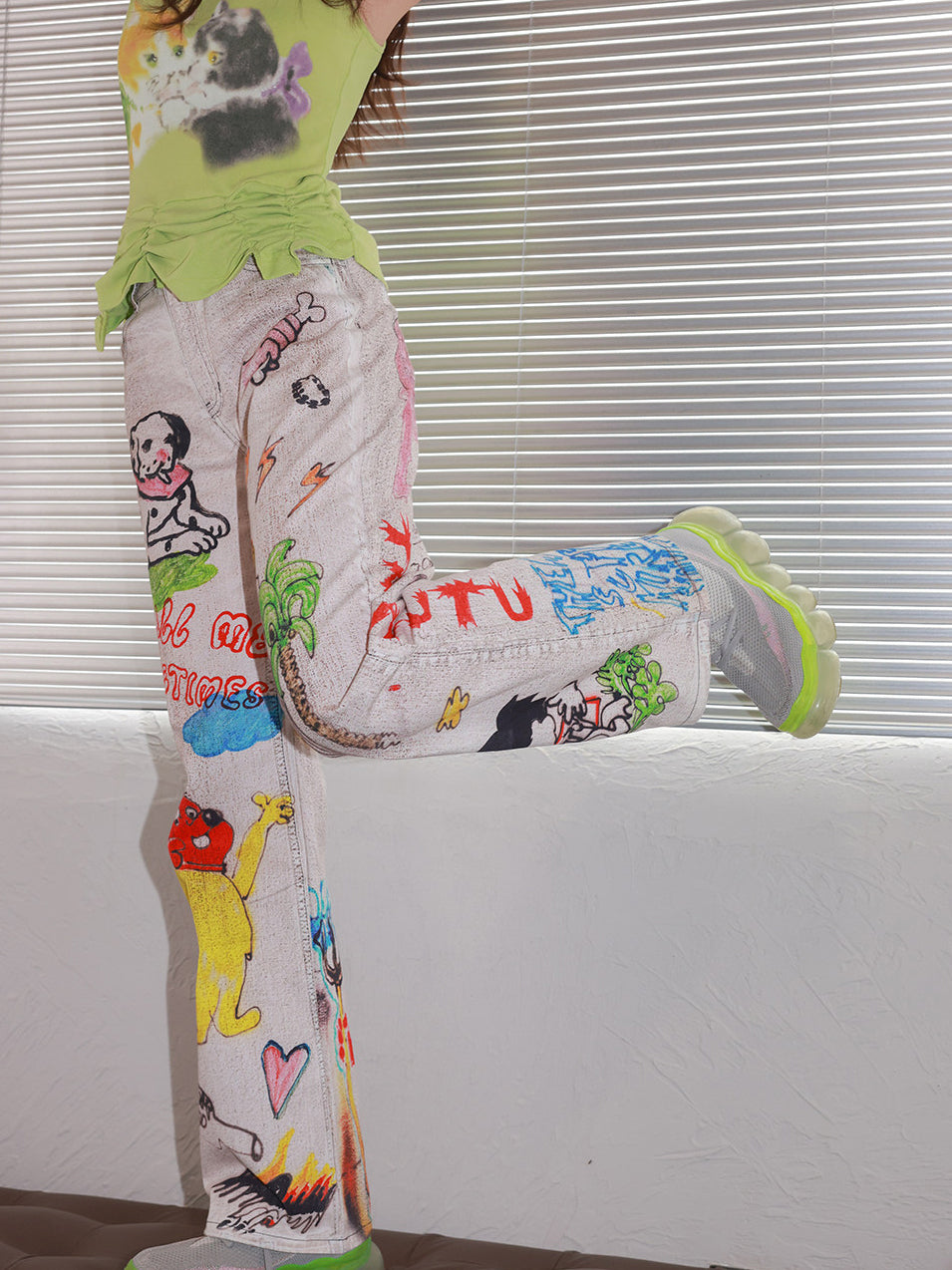 Cartoon Doodle Print Straight Leg Jeans
