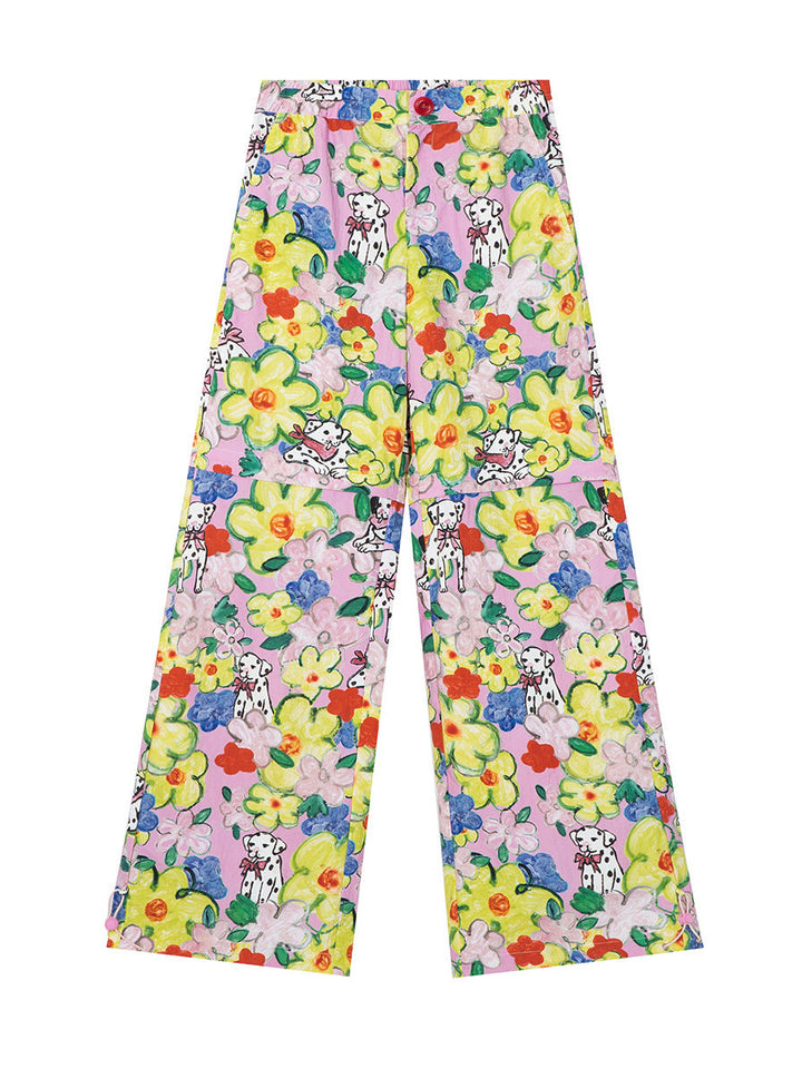 Pink Floral Dog Print Convertible Wide Leg Pants