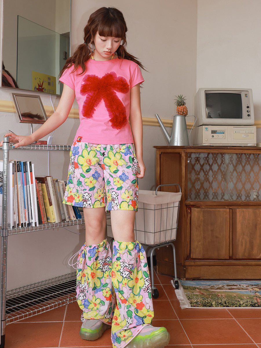 Pink Floral Dog Print Convertible Wide Leg Pants