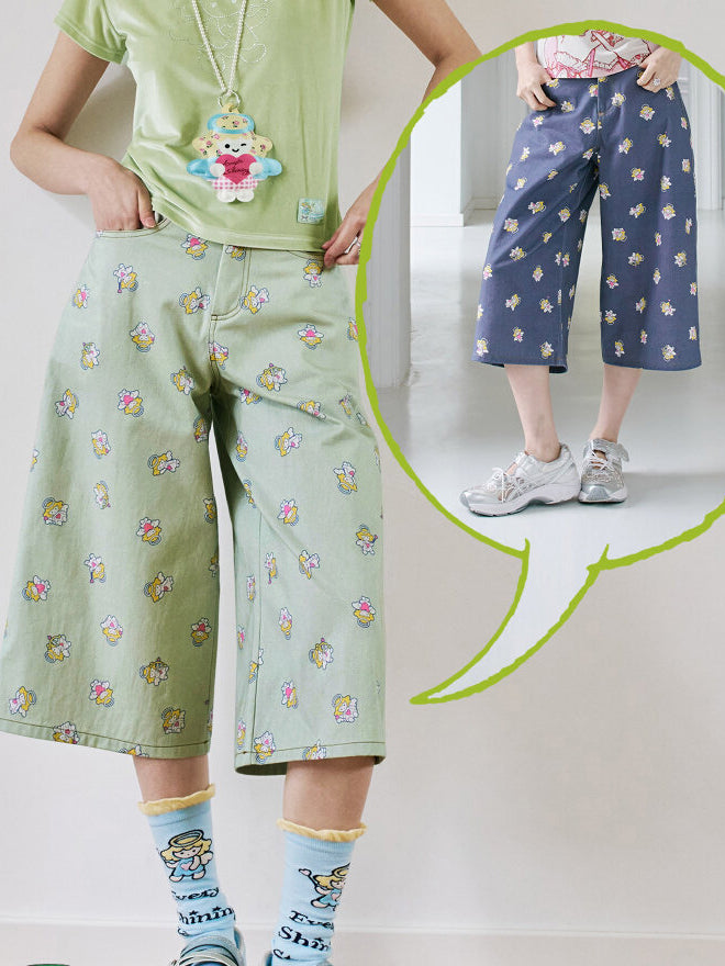 Angel Print Cropped Wide Leg Pants