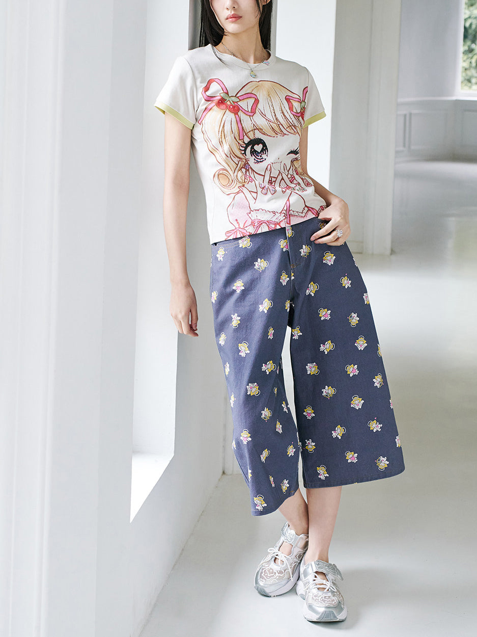 Angel Print Cropped Wide Leg Pants