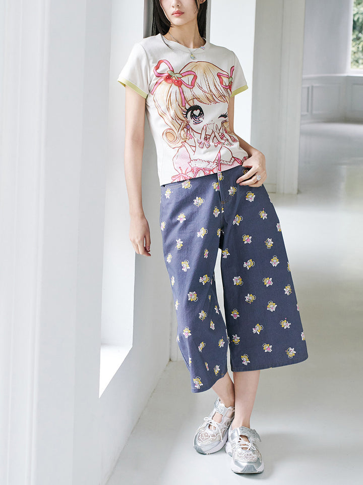 Angel Print Cropped Wide Leg Pants