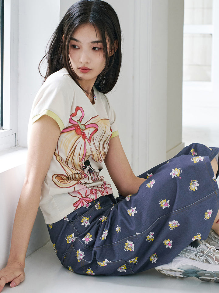 Angel Print Cropped Wide Leg Pants