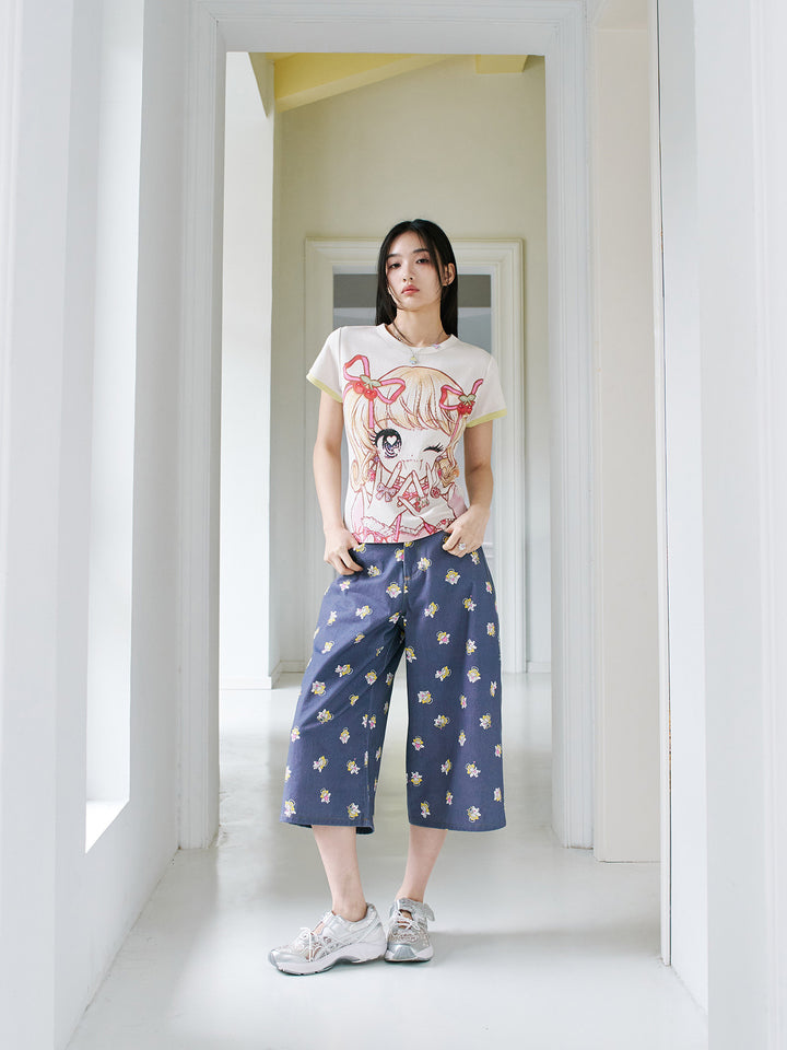 Angel Print Cropped Wide Leg Pants