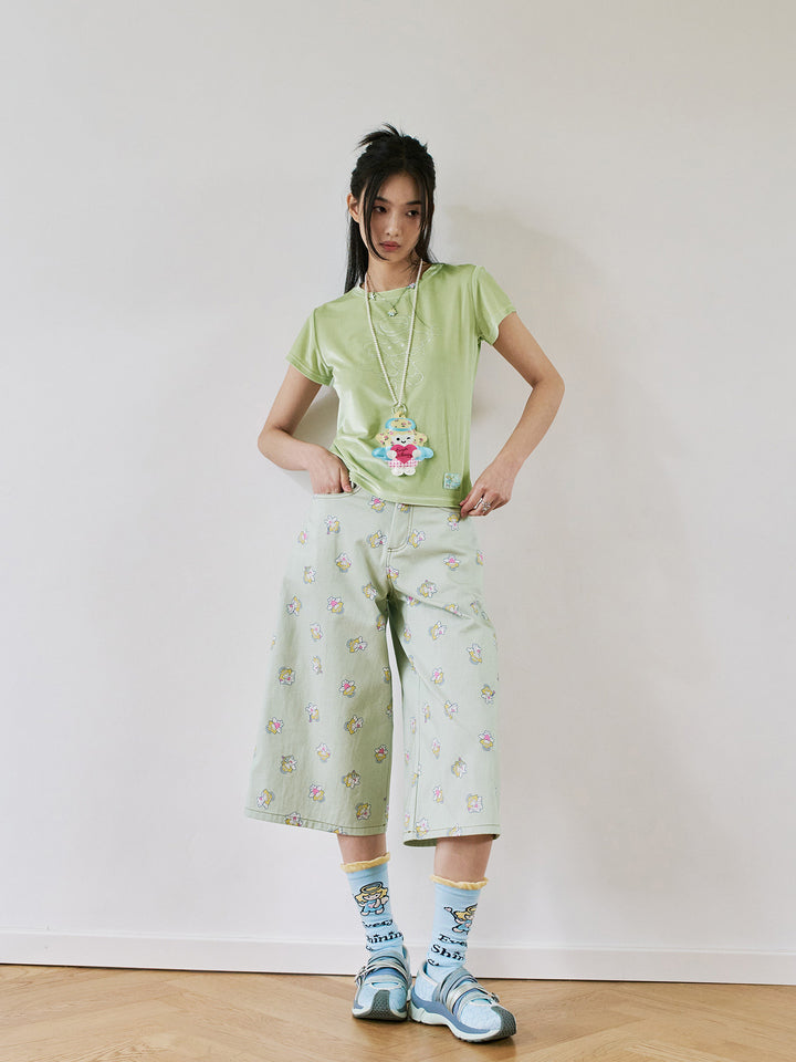 Angel Print Cropped Wide Leg Pants