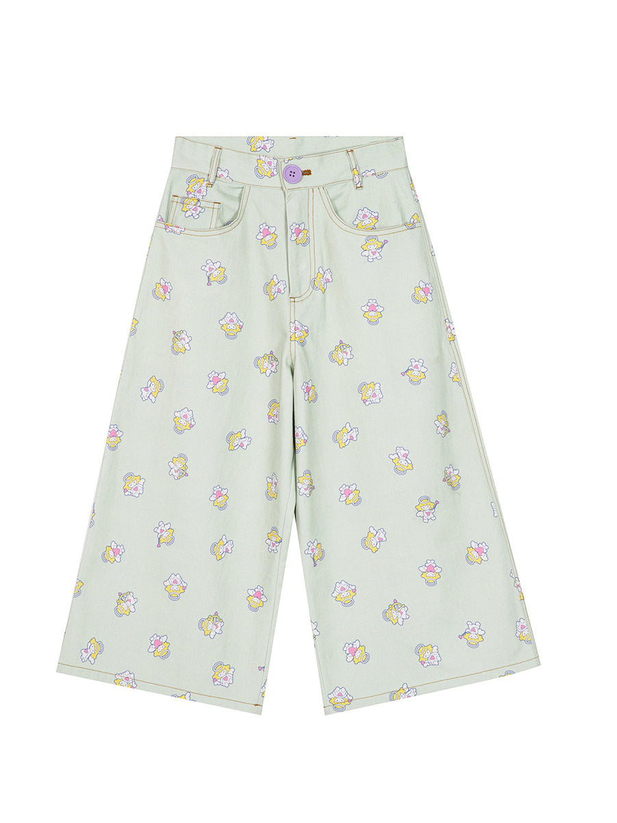 Angel Print Cropped Wide Leg Pants