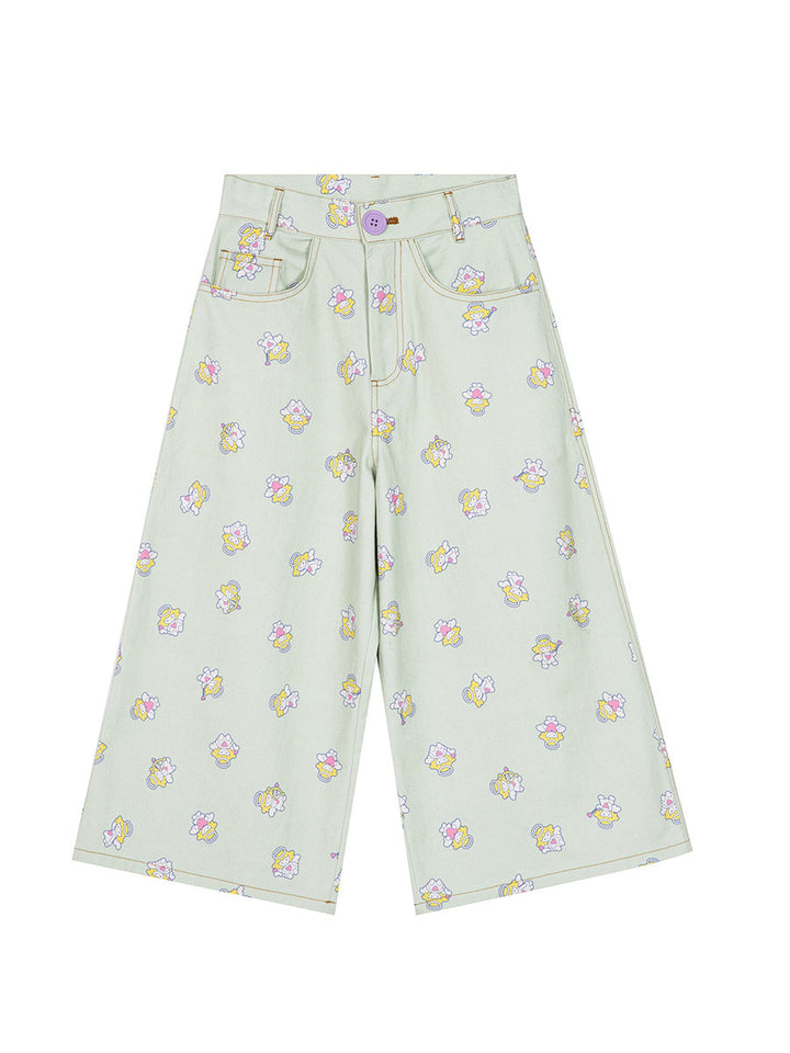 Angel Print Cropped Wide Leg Pants