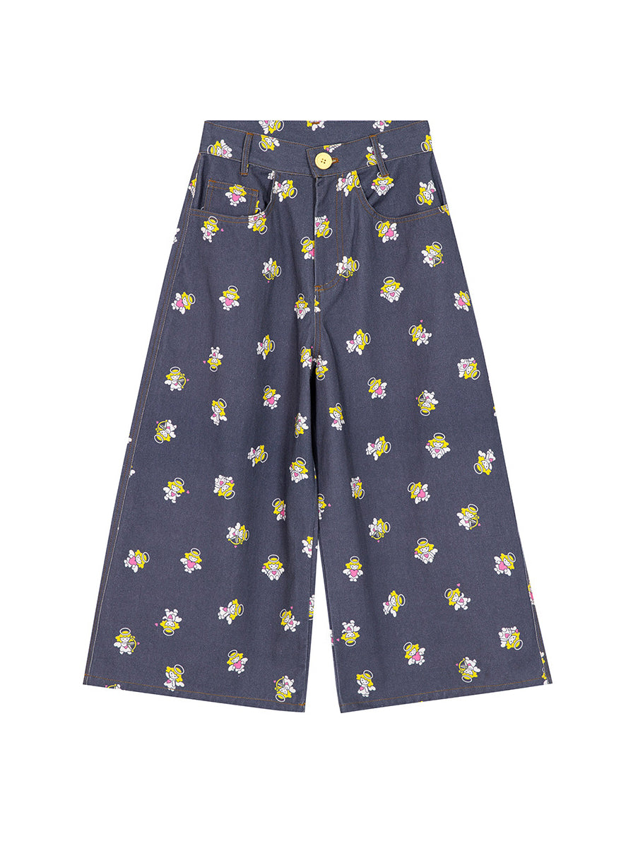 Angel Print Cropped Wide Leg Pants