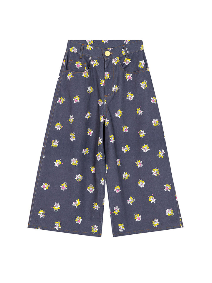 Angel Print Cropped Wide Leg Pants