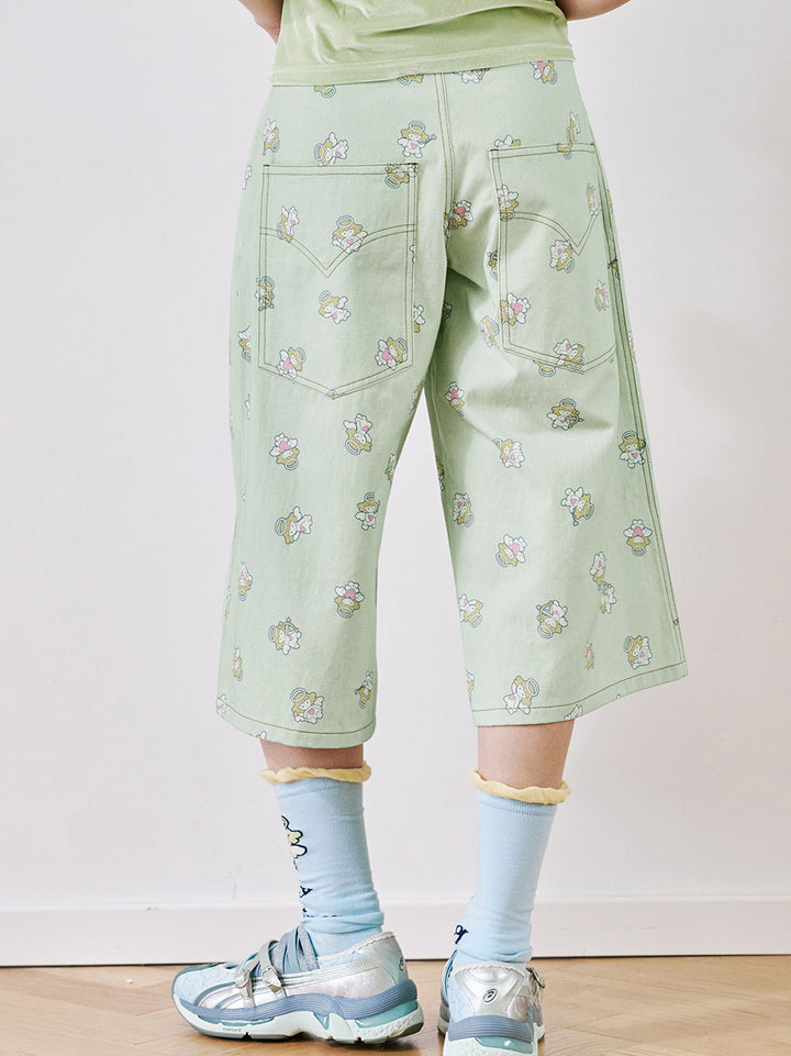 Angel Print Cropped Wide Leg Pants