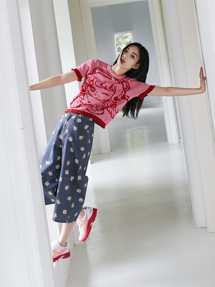 Angel Print Cropped Wide Leg Pants