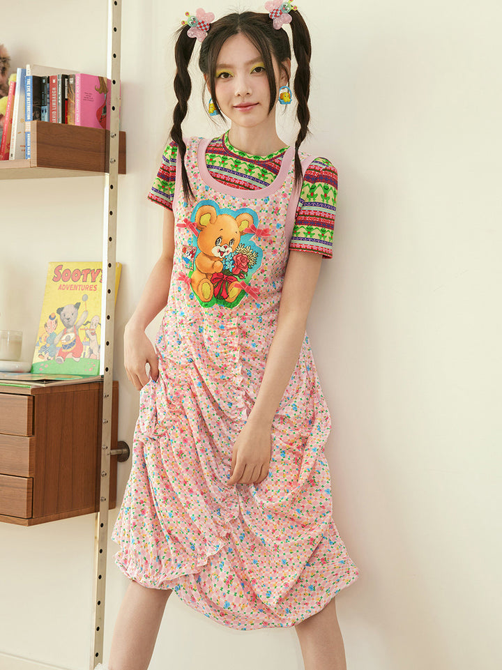 Pink Teddy Bear Ruched Midi Dress