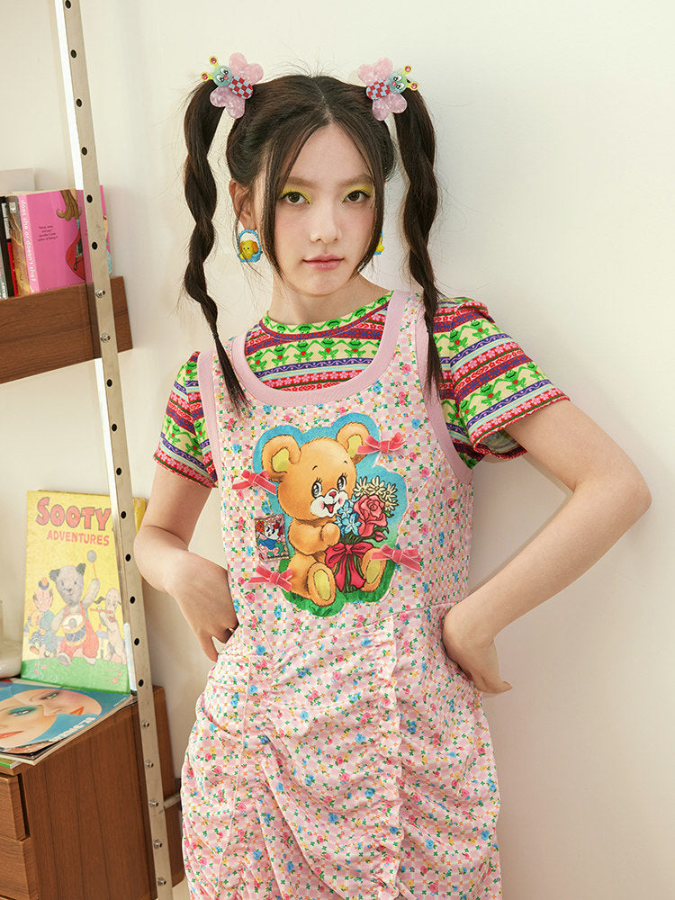 Pink Teddy Bear Ruched Midi Dress