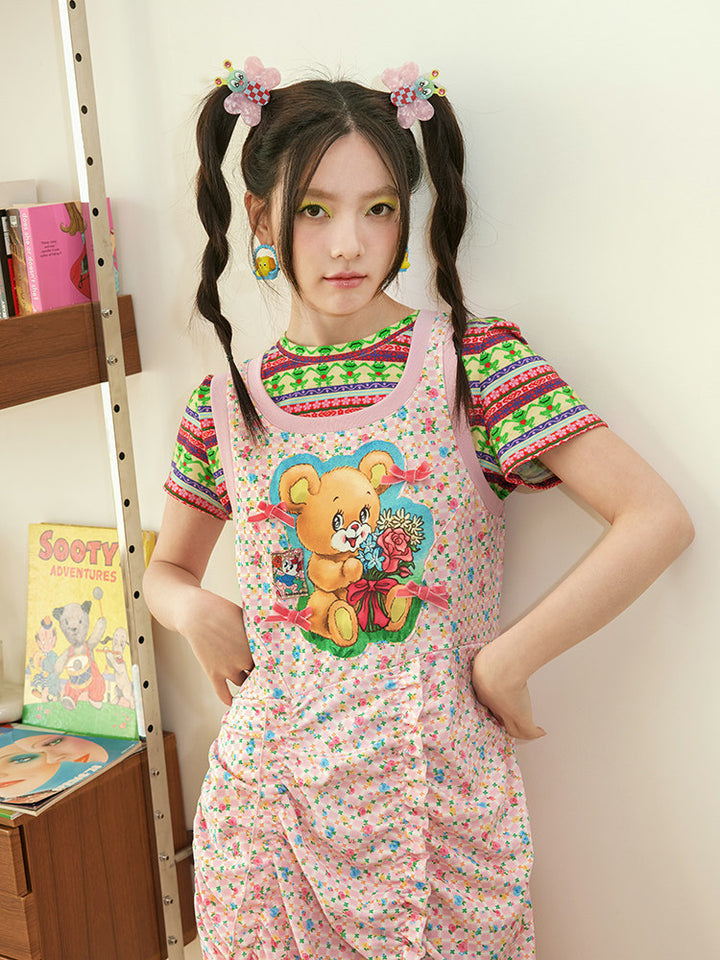 Pink Teddy Bear Ruched Midi Dress
