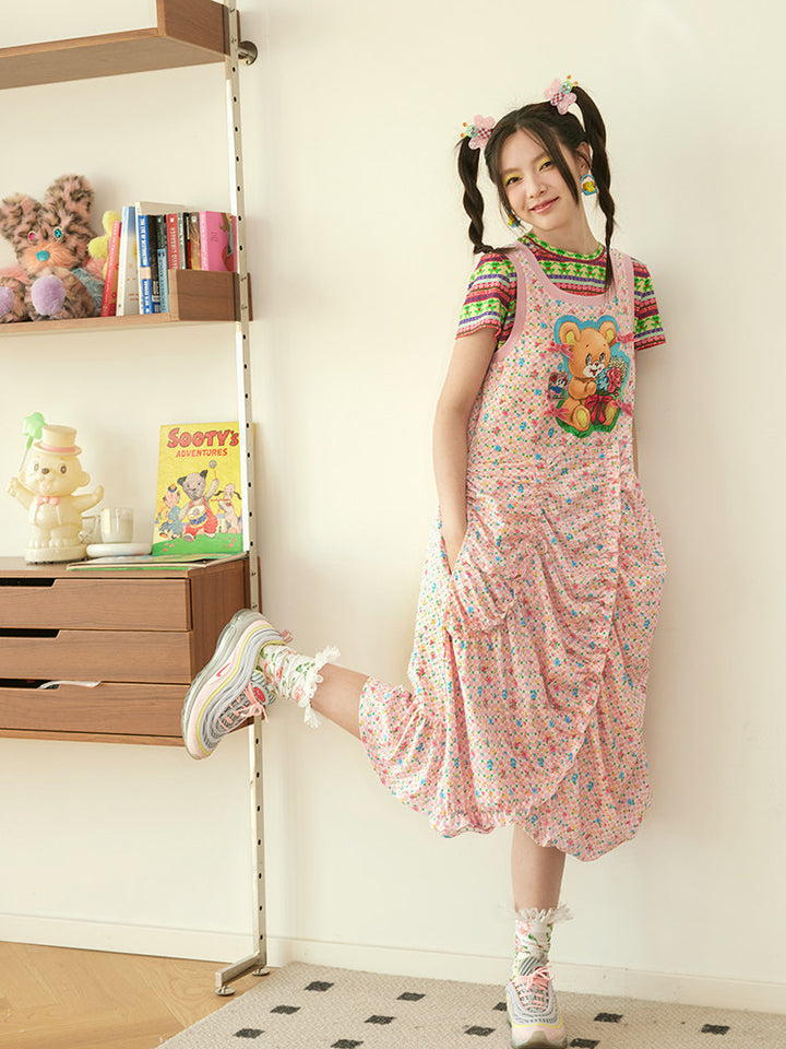 Pink Teddy Bear Ruched Midi Dress