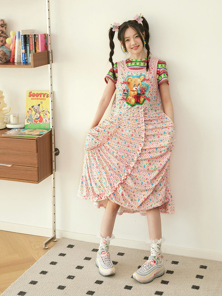 Pink Teddy Bear Ruched Midi Dress
