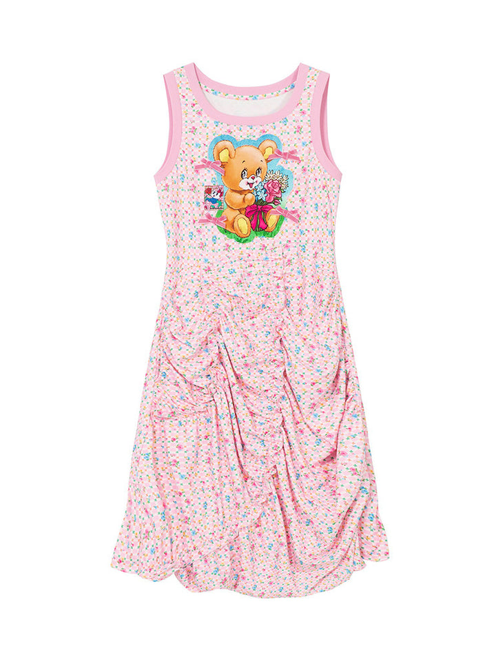 Pink Teddy Bear Ruched Midi Dress