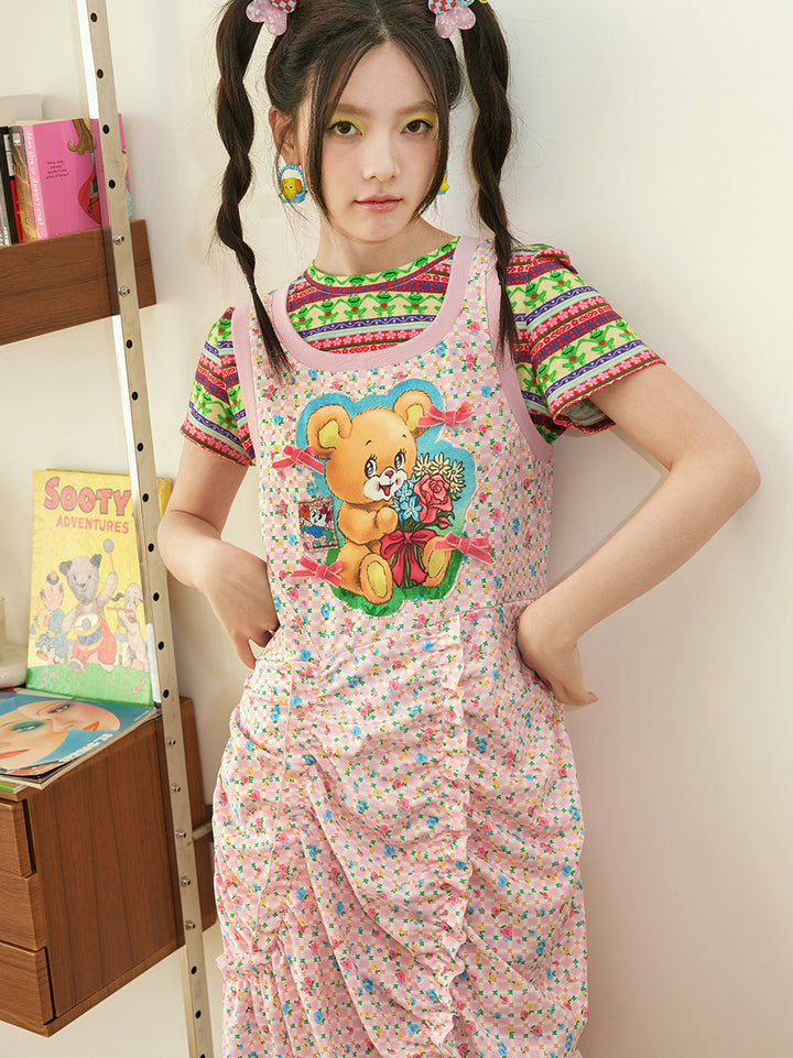 Pink Teddy Bear Ruched Midi Dress