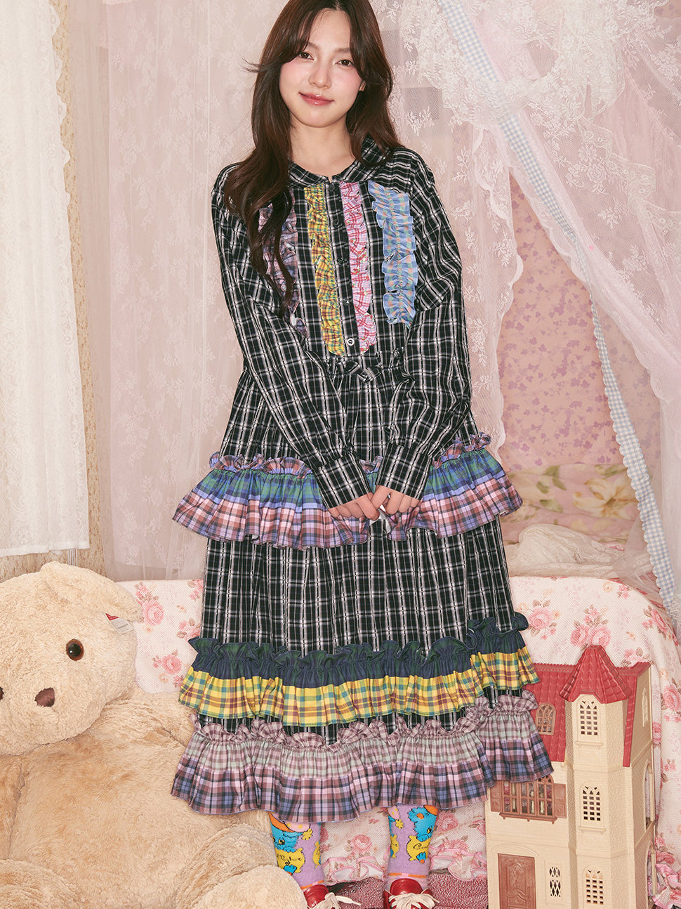 Colorful Ruffle Plaid Dress