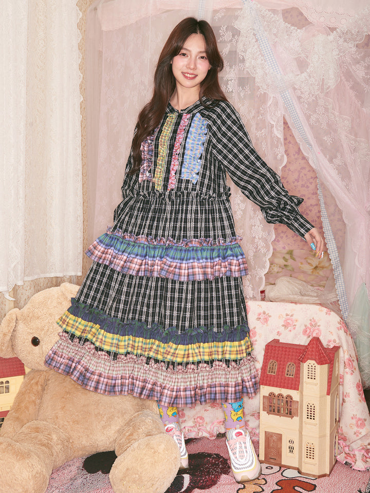 Colorful Ruffle Plaid Dress