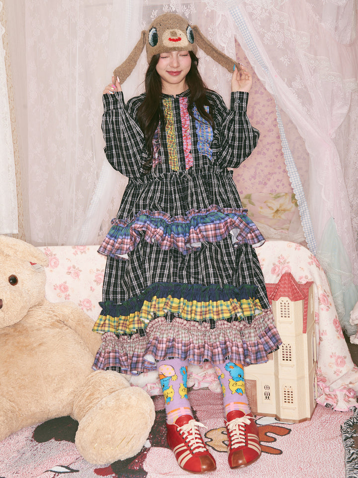 Colorful Ruffle Plaid Dress