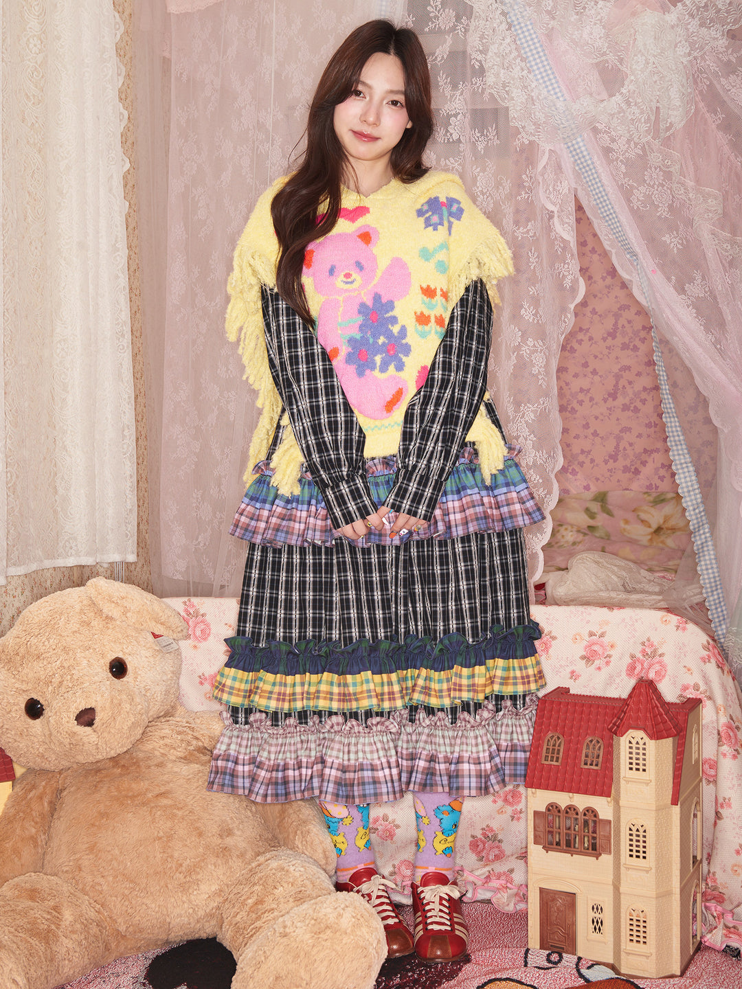 Colorful Ruffle Plaid Dress