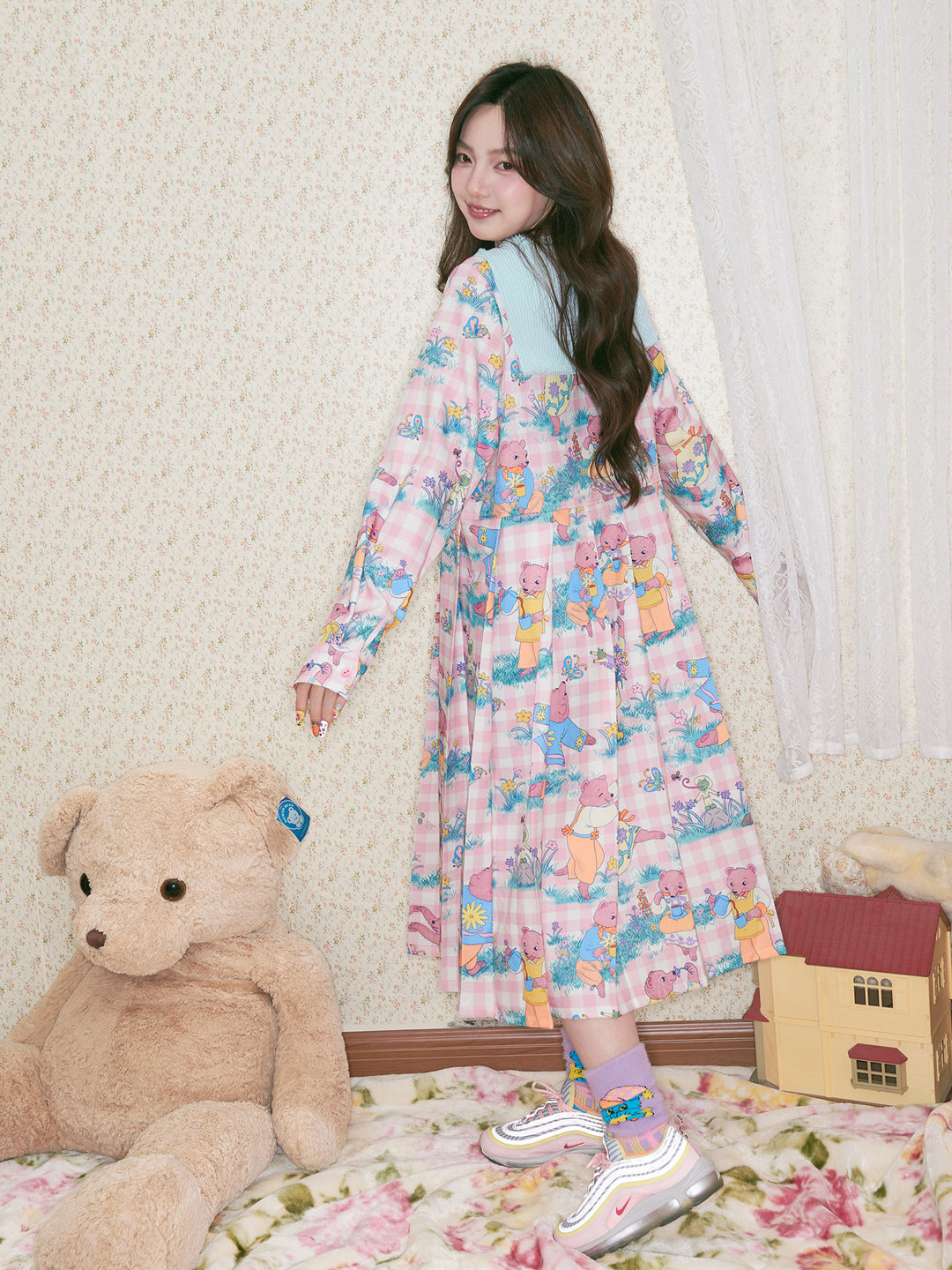 Bear Print Plaid Detachable Sailor Collar Dress