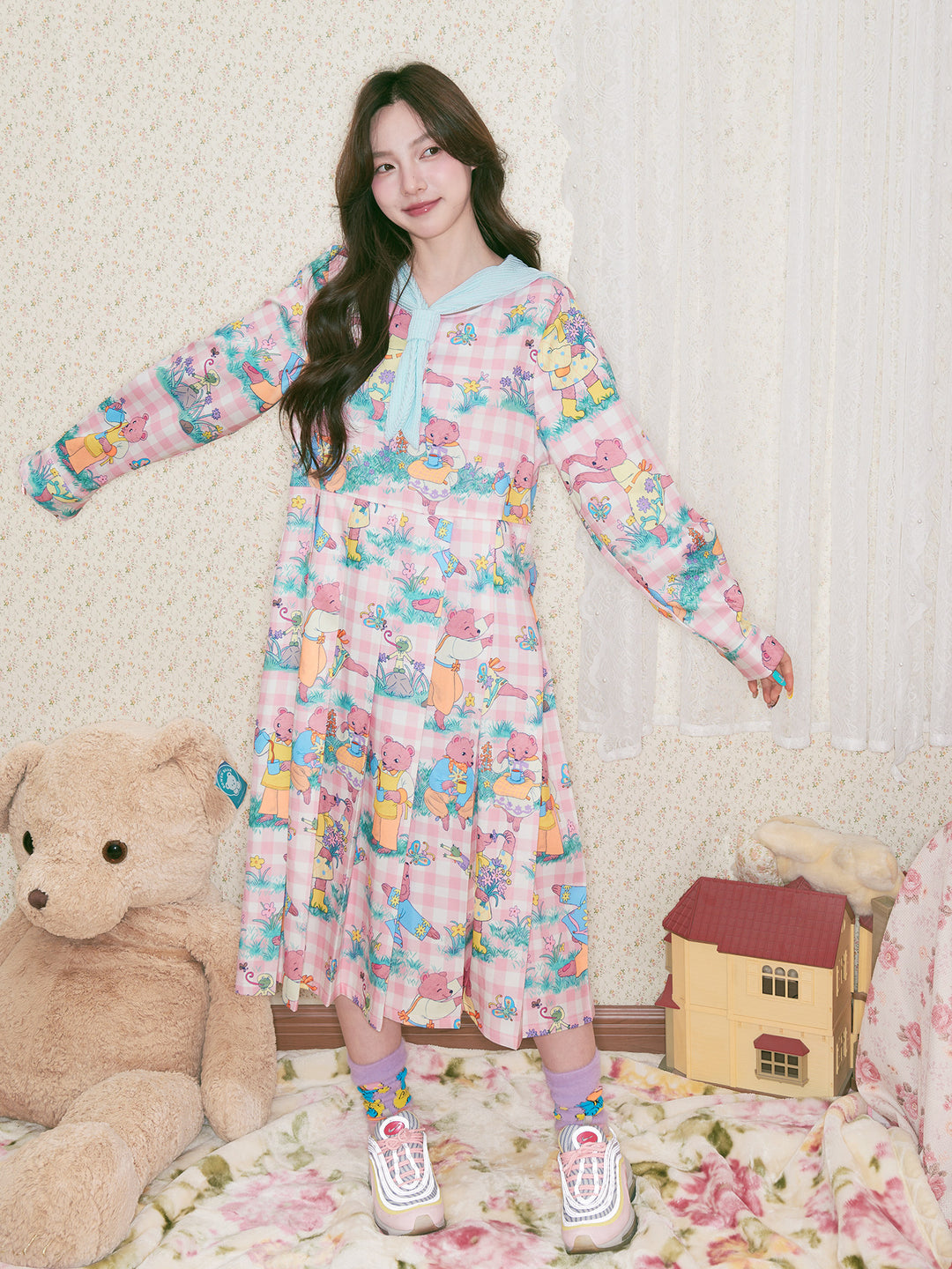 Bear Print Plaid Detachable Sailor Collar Dress