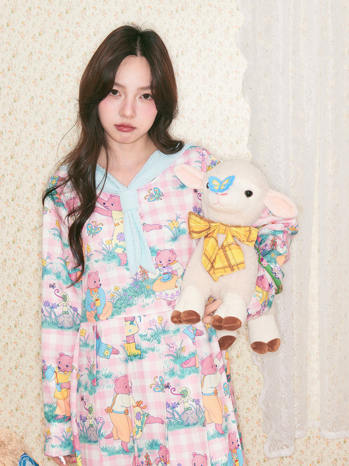 Bear Print Plaid Detachable Sailor Collar Dress