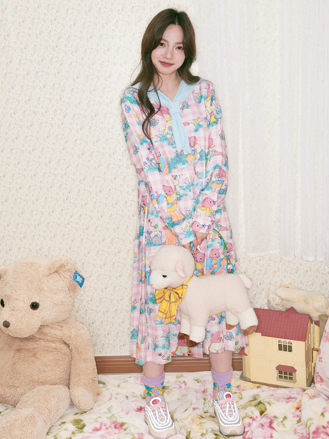 Bear Print Plaid Detachable Sailor Collar Dress