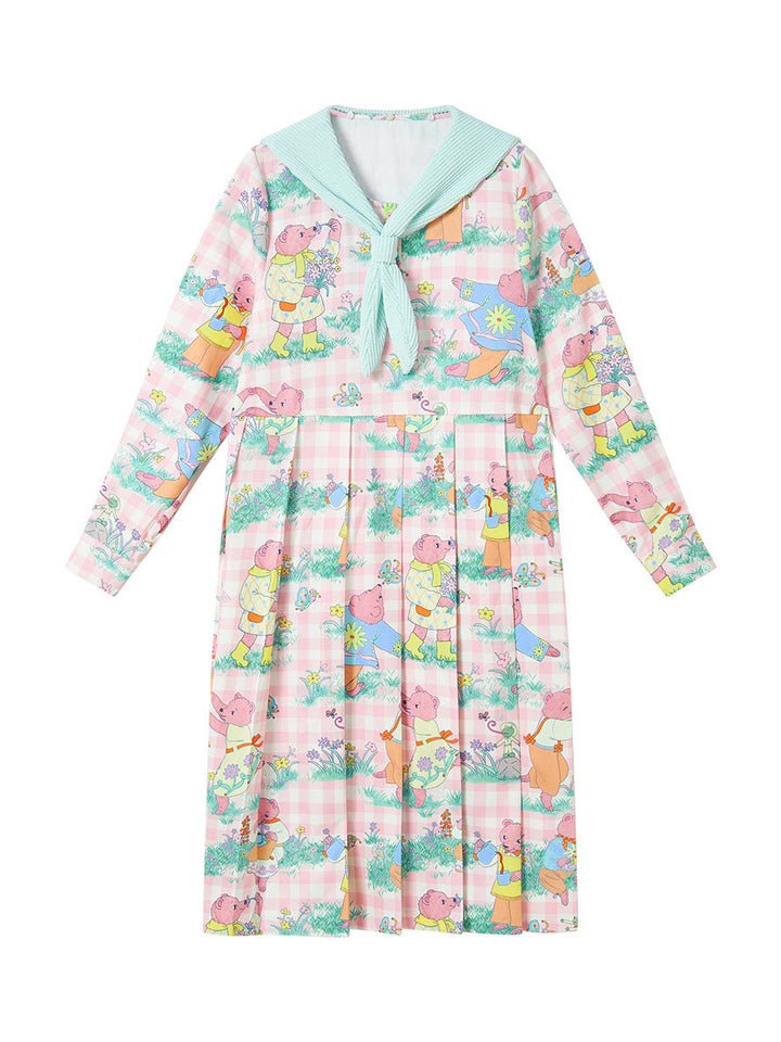 Bear Print Plaid Detachable Sailor Collar Dress