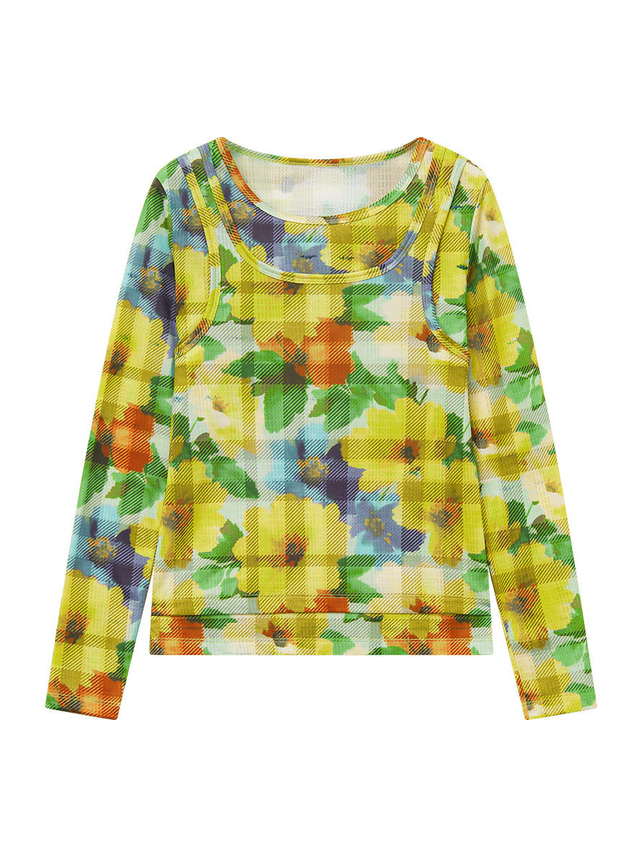Plaid Faux Layer Long Sleeve Top