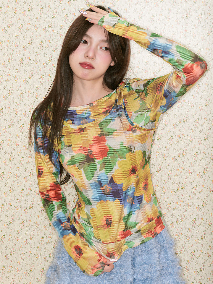 Plaid Faux Layer Long Sleeve Top