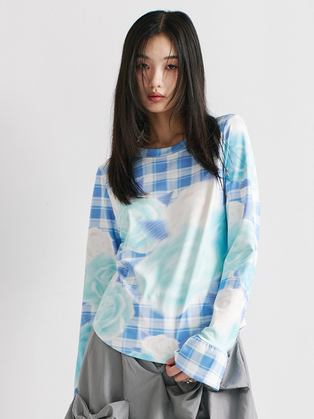 Floral Plaid Bell Sleeve Top