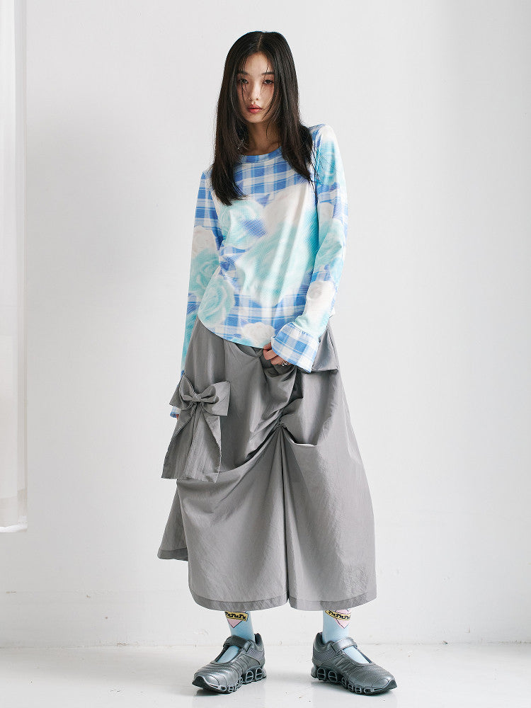 Floral Plaid Bell Sleeve Top