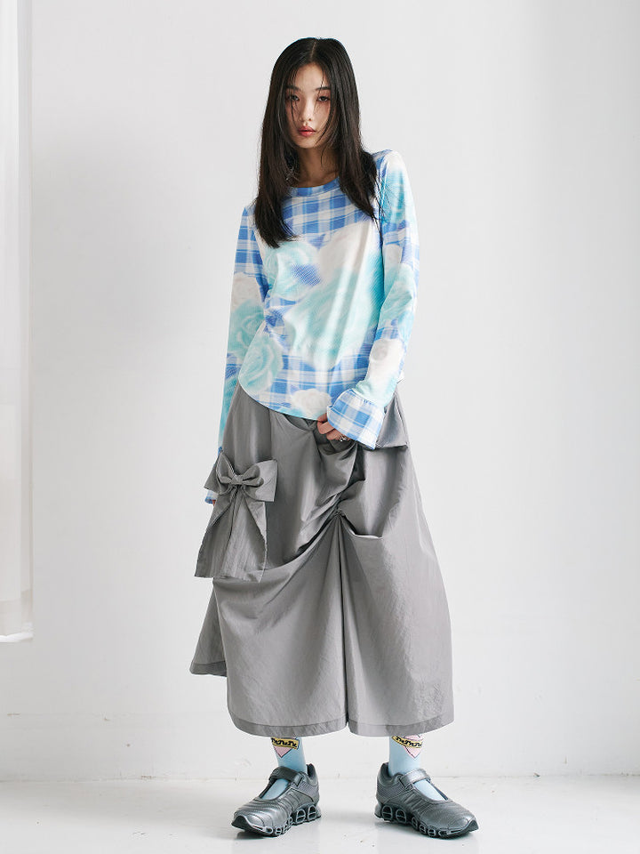 Floral Plaid Bell Sleeve Top