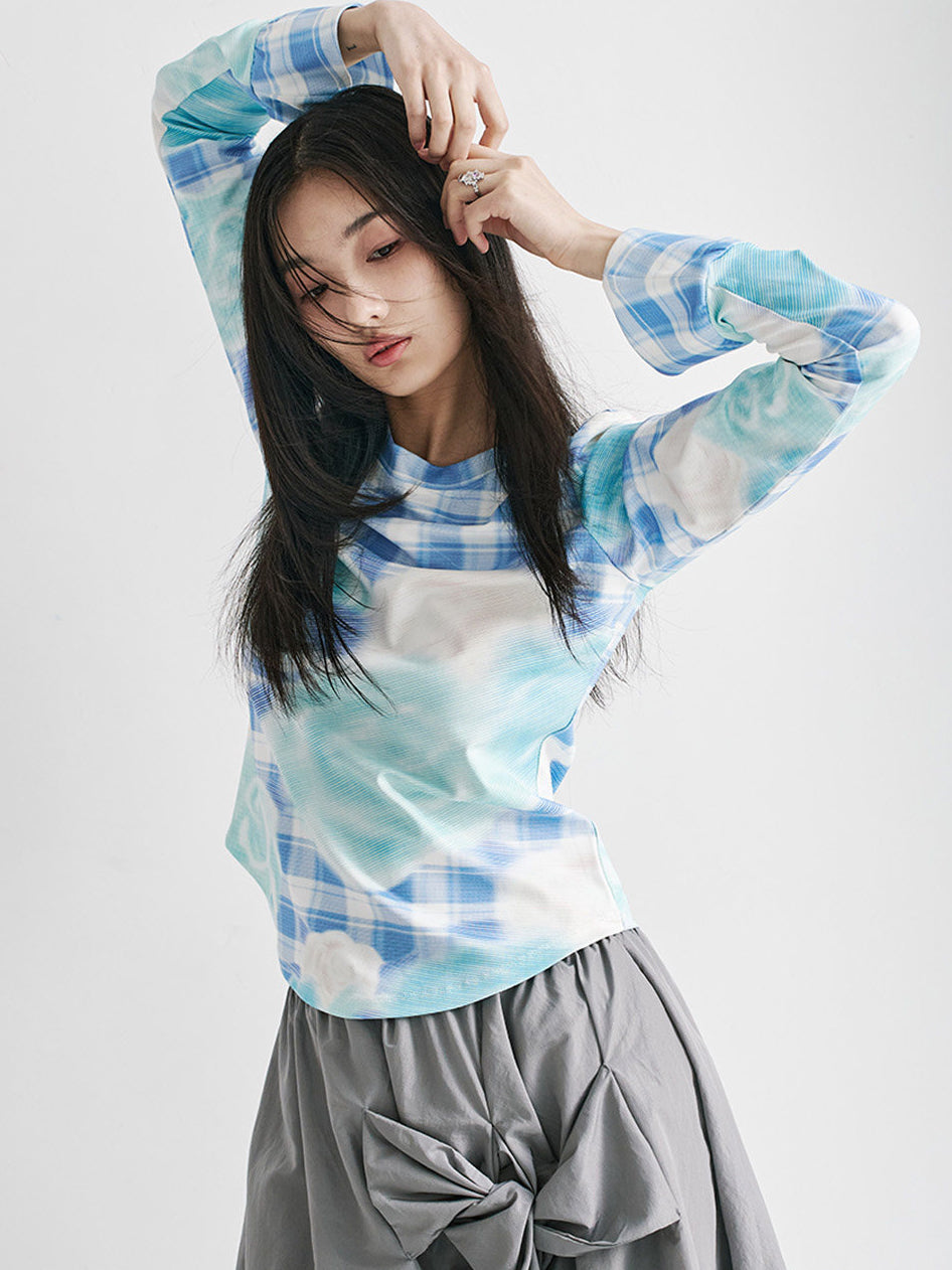Floral Plaid Bell Sleeve Top