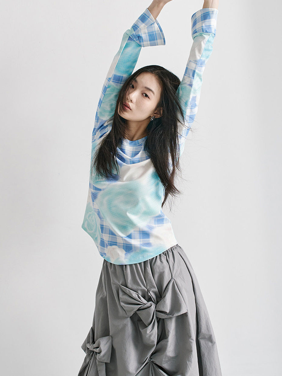 Floral Plaid Bell Sleeve Top
