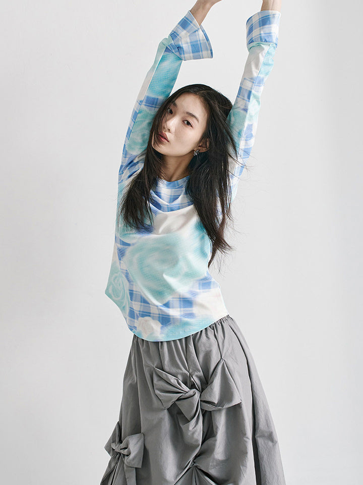 Floral Plaid Bell Sleeve Top