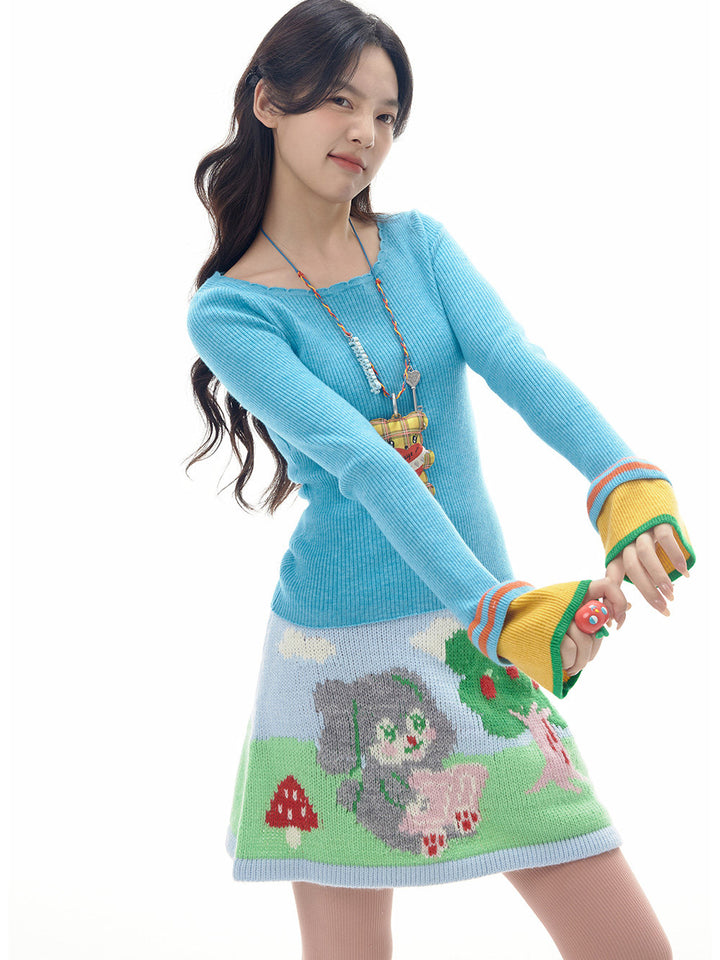 Colorblock Bell Sleeve Ribbed Knit Top