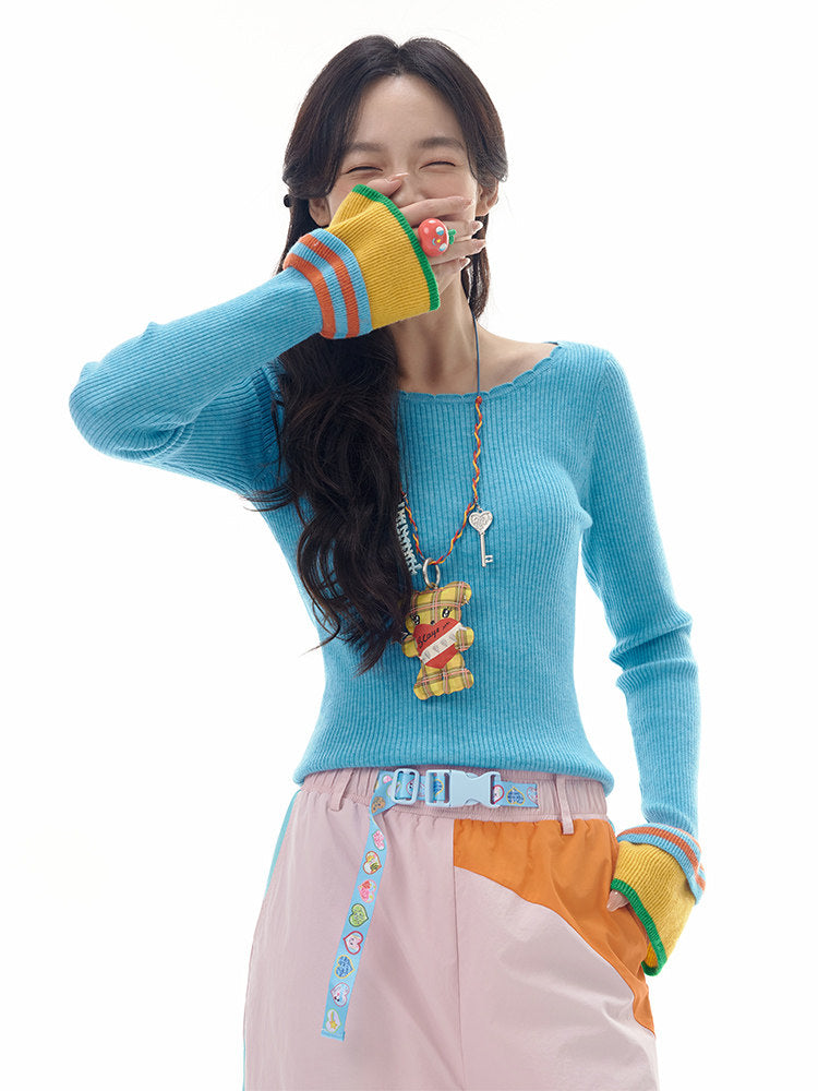 Colorblock Bell Sleeve Ribbed Knit Top
