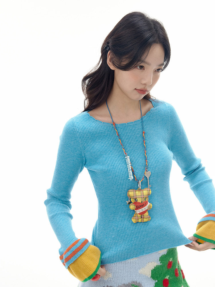 Colorblock Bell Sleeve Ribbed Knit Top