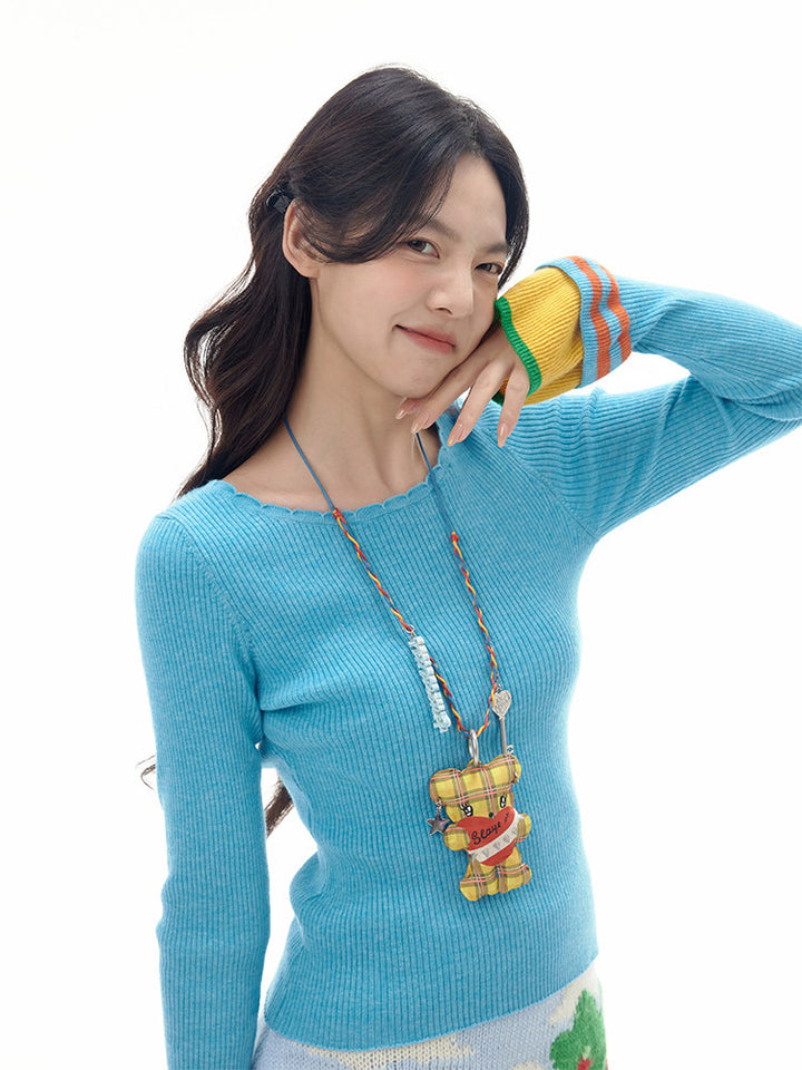 Colorblock Bell Sleeve Ribbed Knit Top