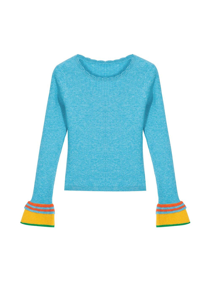 Colorblock Bell Sleeve Ribbed Knit Top