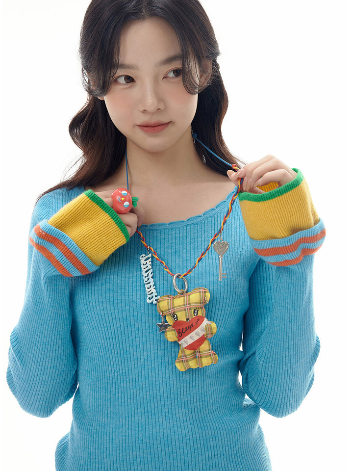 Colorblock Bell Sleeve Ribbed Knit Top